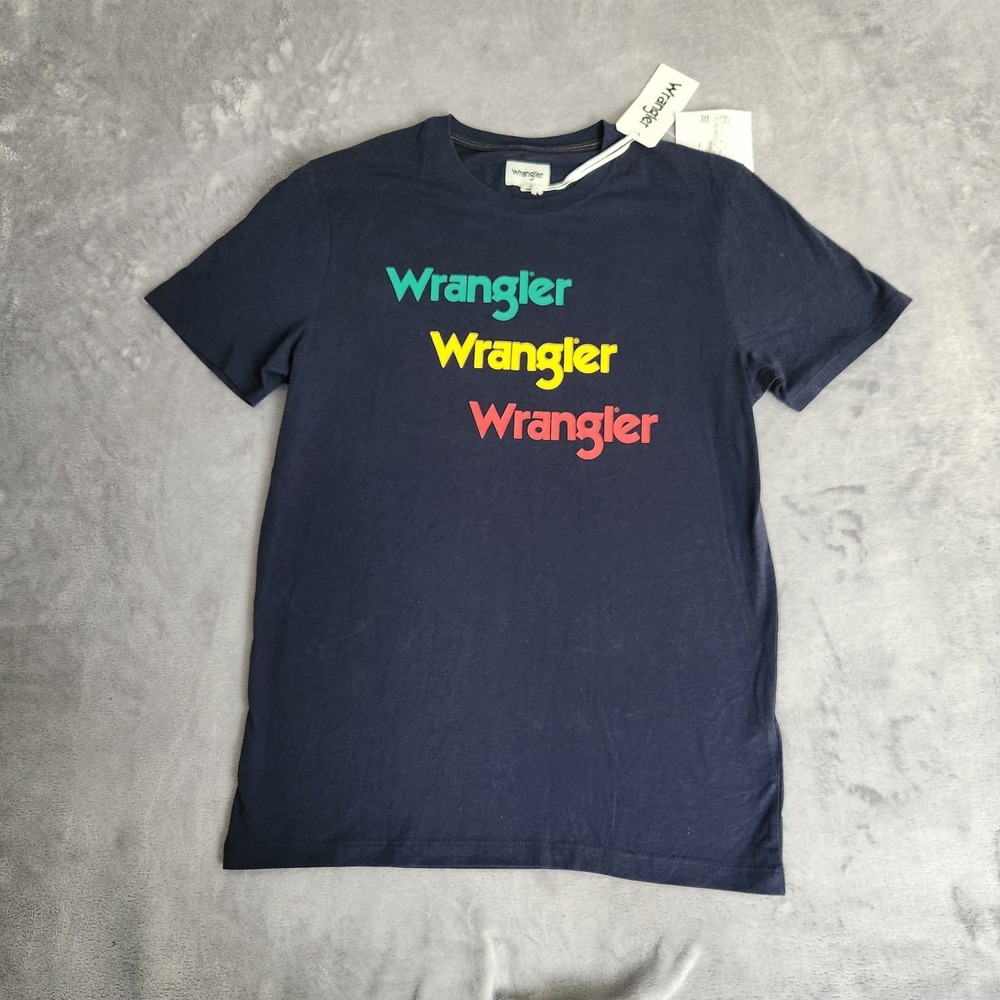 NWT Wrangler Mens Navy Blue SS Repeat Logo T-Shirt S 100% Cotton Retro Tee New